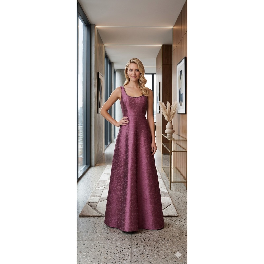 Kay Unger Penelope Embellished Neck Gown Berry Sorbet Metallic Jacquard 10